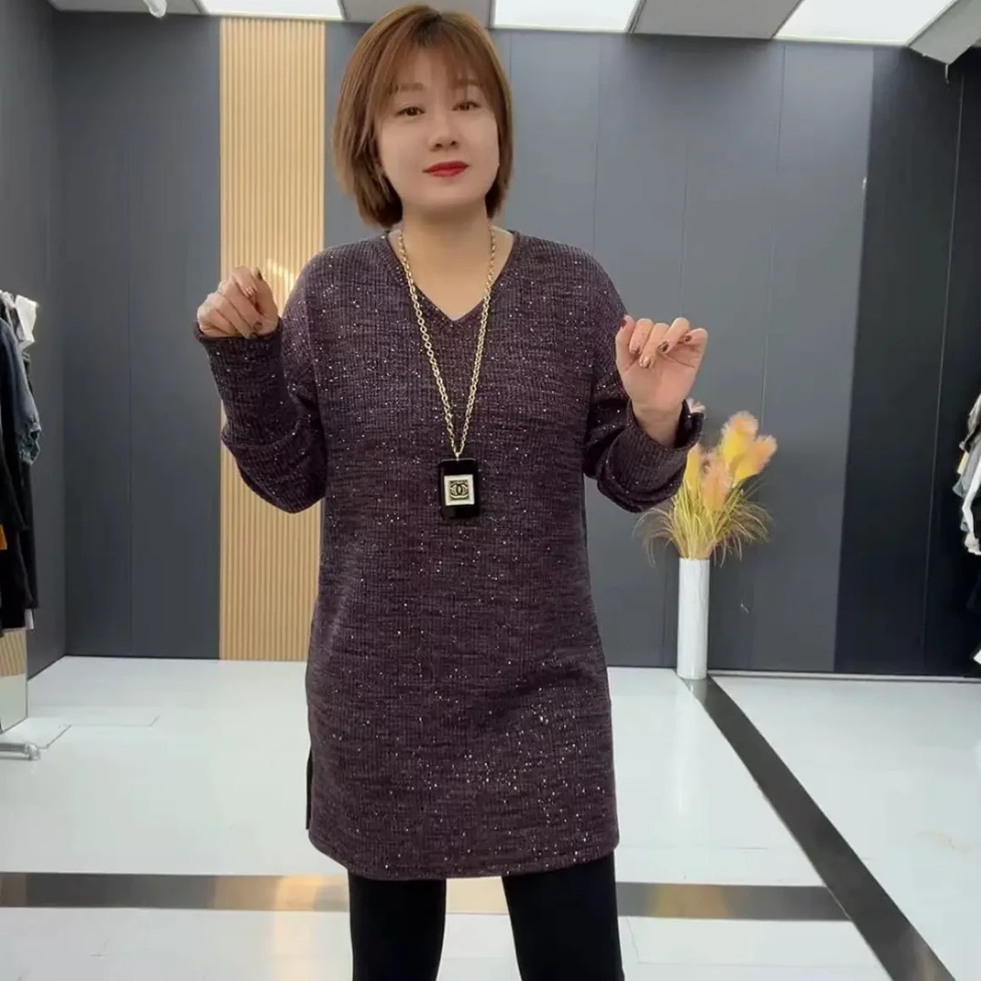 旭6821秋冬新款撒星中长款针织衫V领时尚上衣RFJJ