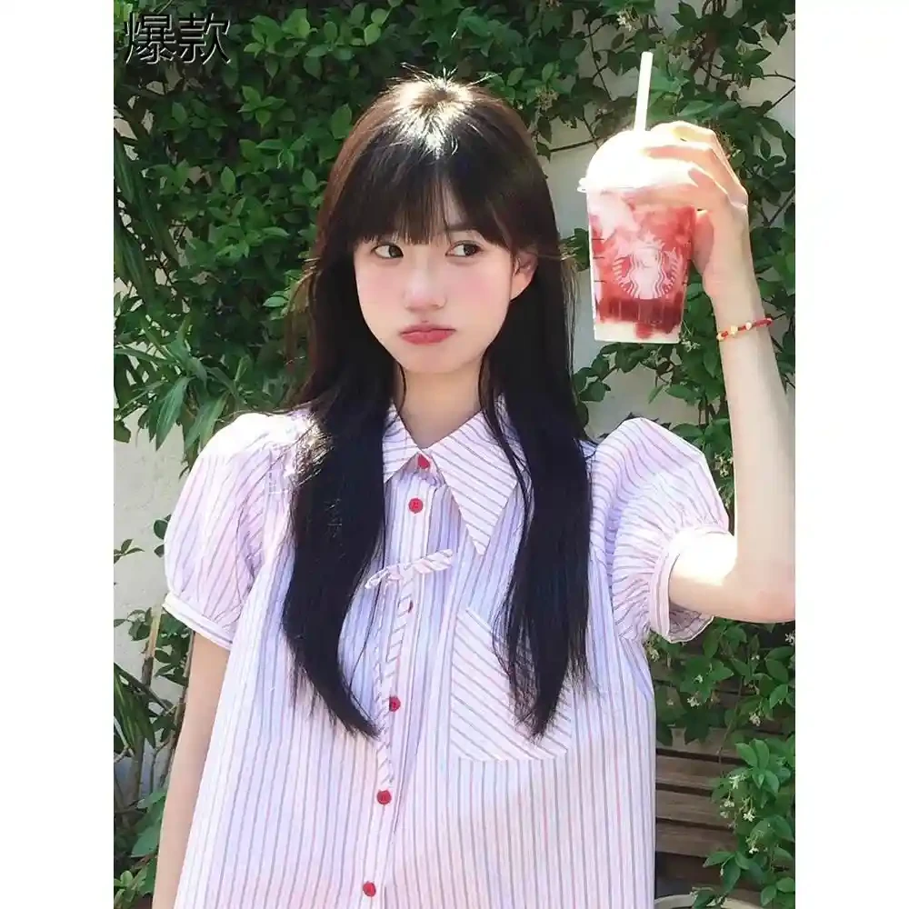 粉色短袖衬衫外套女夏季新款蝴蝶结泡泡袖条纹衬衣宽松学院风上衣