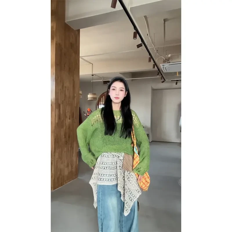 秋季套装粗针手工感毛衣长袖上衣镂空不规则叠穿屁帘直筒牛仔裤