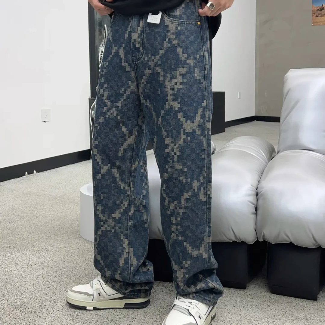 秋冬美式复古提花潮流男士直筒阔腿牛仔裤