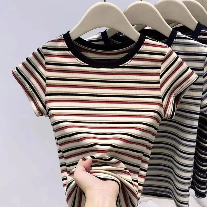 夏季女装休闲百搭辣妹撞色圆领条纹短袖T恤女洋气圆领打底衫上衣