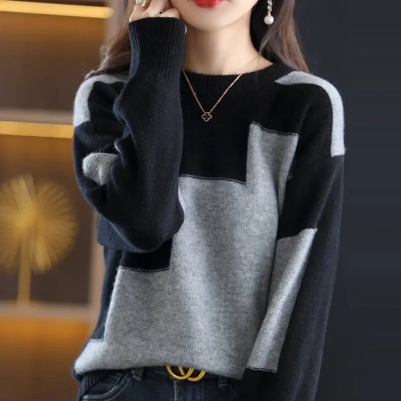 100纯羊毛衫女秋冬圆领宽松拼色针织打底衫加厚百搭羊绒短款毛衣
