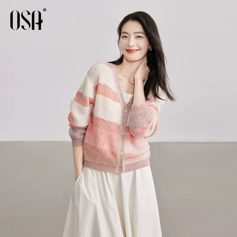 OSA/欧莎 渐染色薄款针织开衫女士拼色外套宽松上衣S125A16016