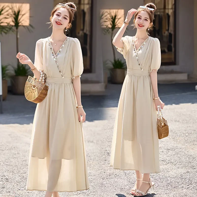 2025夏季新款法式小香风连衣裙女高级感气质名媛修身显瘦长款裙子