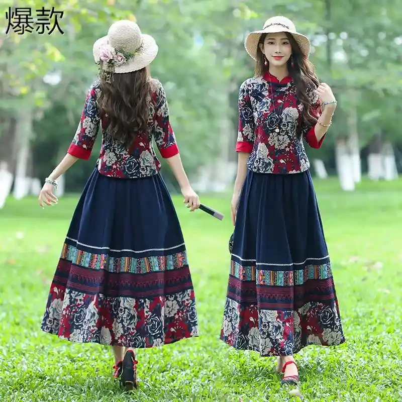 唐装女装中国风复古中式盘扣改良旗袍式上衣民族风棉麻套装两件套