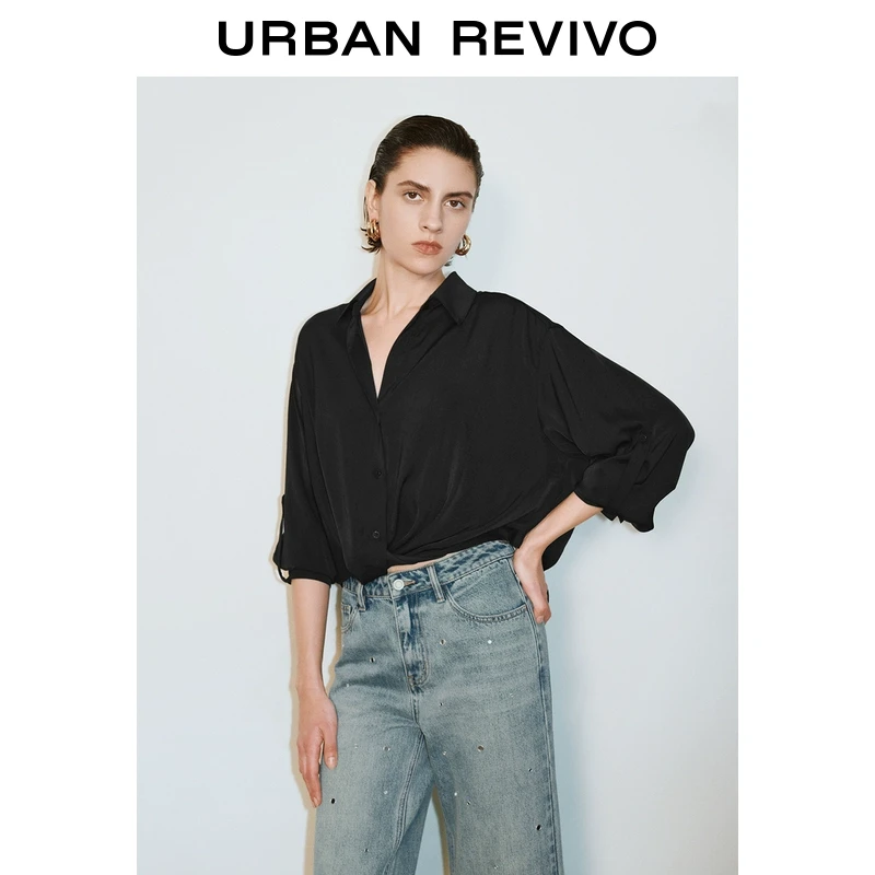 UR2025春季新款女装欧若风轻通勤褶皱超宽松罩衫衬衫UWM250014