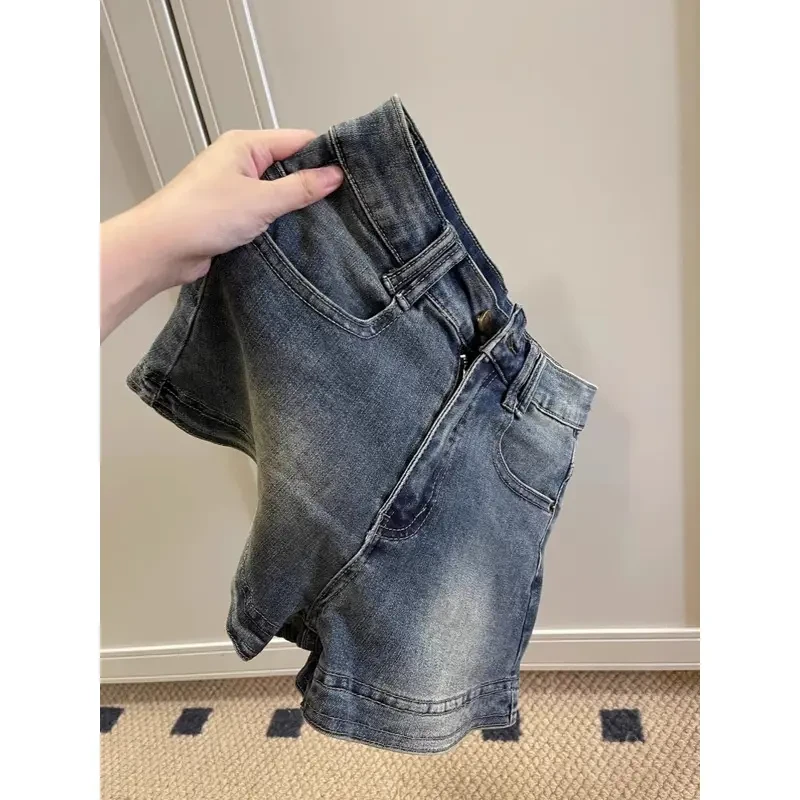 美式复古高街牛仔短裤女夏季薄款辣妹高腰修身显瘦做旧a字热裤子