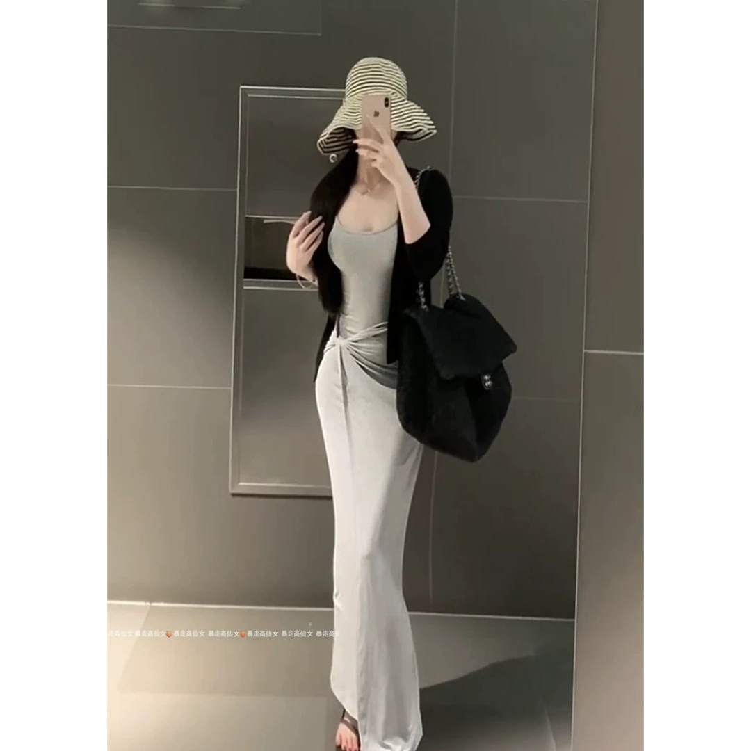 暴走高仙女175高个子女生加长版灰色吊带长裙套装女夏季防晒开衫