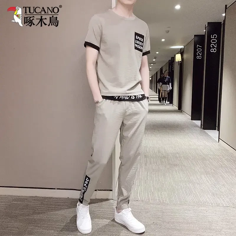 啄木鸟男士T恤套装夏季新款休闲冰丝潮牌薄款速干短袖运动裤男装