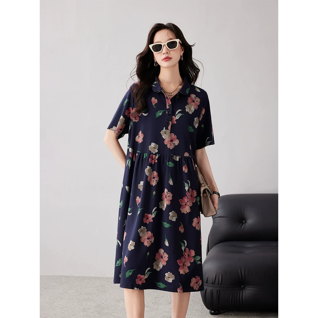 印花polo领衬衫连衣裙女夏2024新款欧货宽松别致气质显瘦直筒裙子