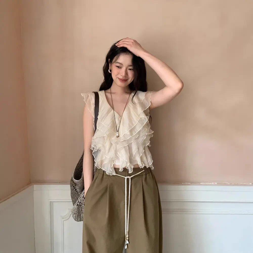 多巴胺夏季衣服新款法式气质荷叶边上衣时尚高腰显瘦阔腿休闲裤女