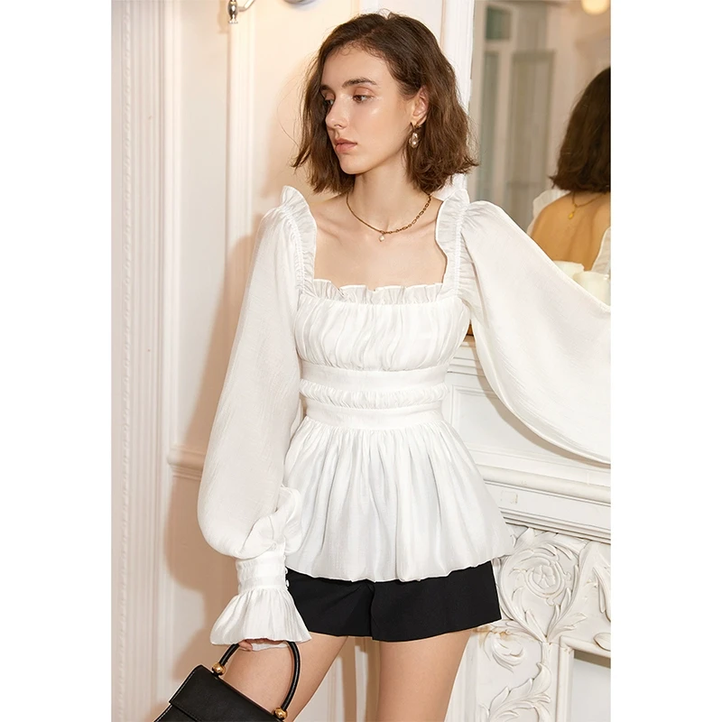 【楠哥专属】法式方领荷叶边修身上衣 22009