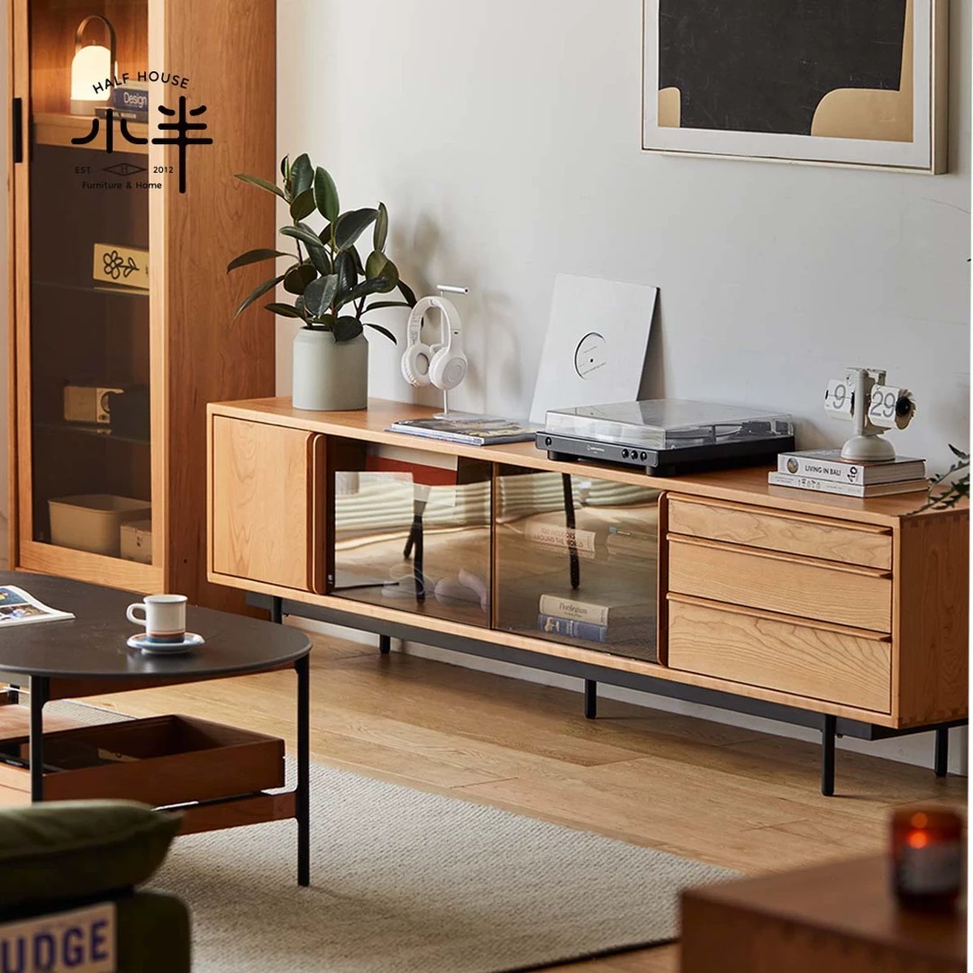 小半家具实木电视柜落地窄款客厅家用小户型北欧樱桃木收纳储物柜