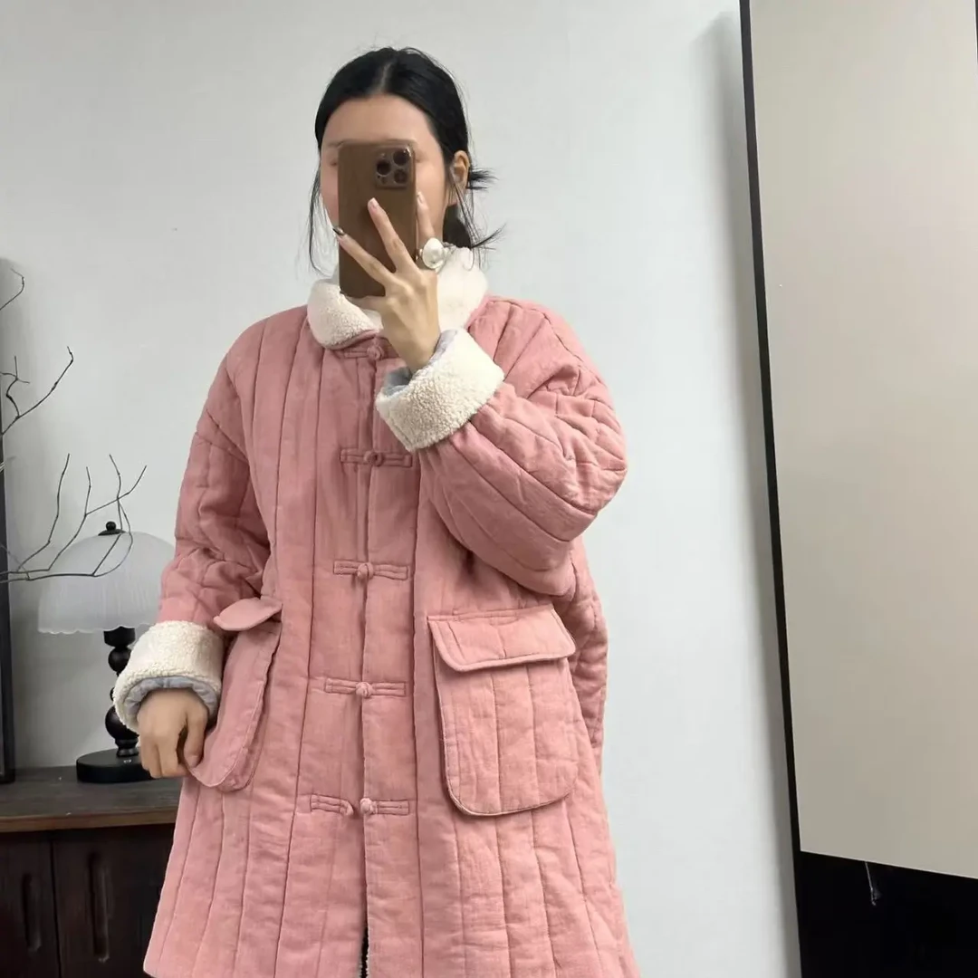 亚麻手工盘扣立领纯色毛毛拼接加厚长款棉服外套（衣长84胸围150）