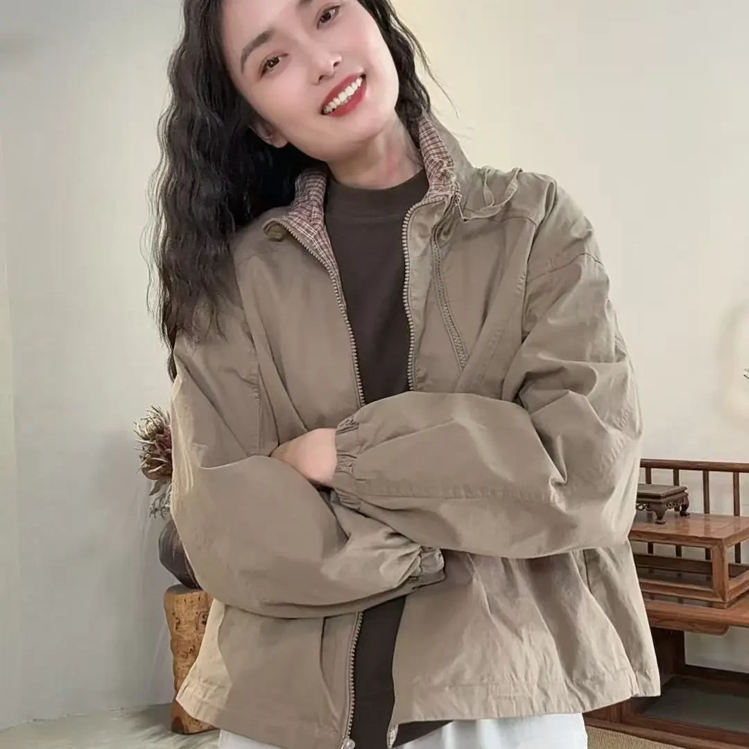 D212-薄款春秋季立领拉链保暖女短外套上衣休闲韩版短款