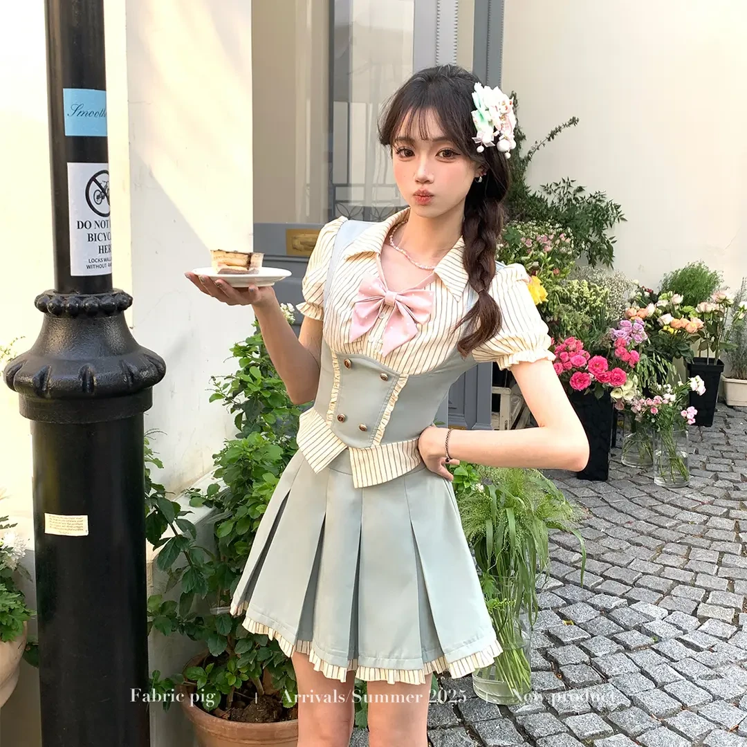 盐霜薄荷甜美条纹拼接蓝色百褶短裙女夏蝴蝶结上衣