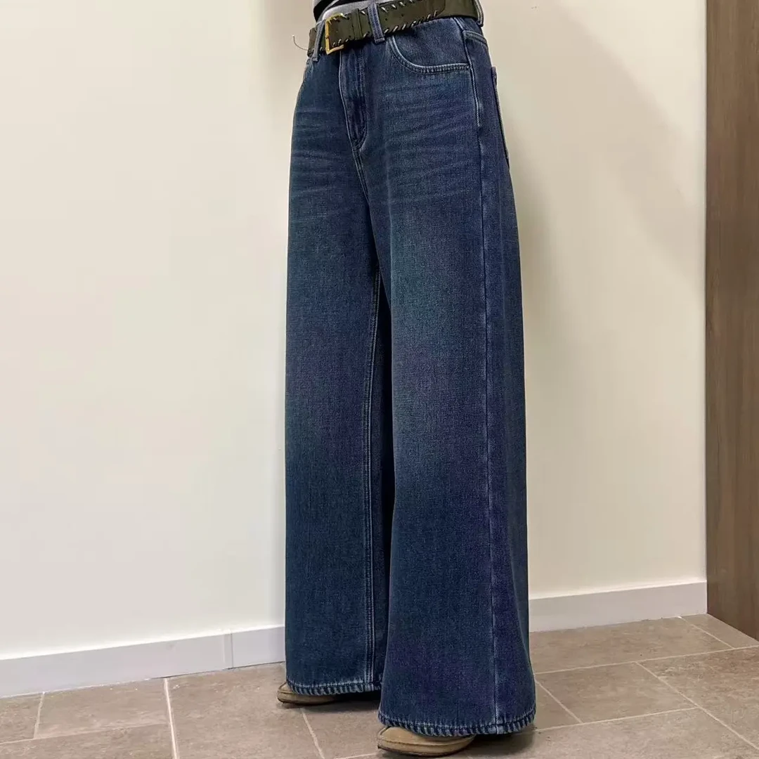 秋季新款加绒高腰A版阔腿牛仔裤女宽松显瘦直筒拖地长裤秋冬百搭