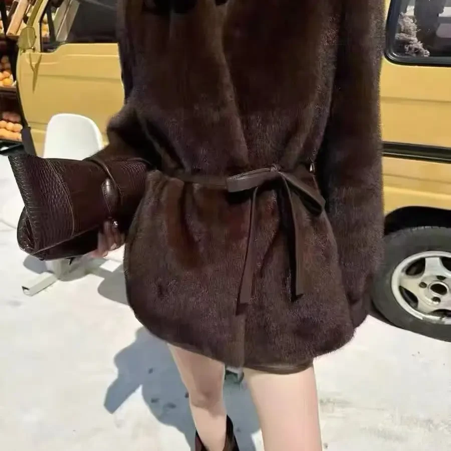 人造皮草 冬季新款V领加厚环保皮草老钱风女腰带毛绒外套上衣