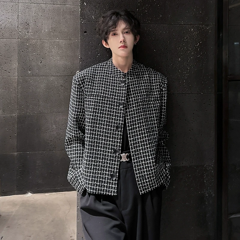 男模痞帅风外套小香风千鸟格短款西装高级感酷帅穿搭立领垫肩夹克