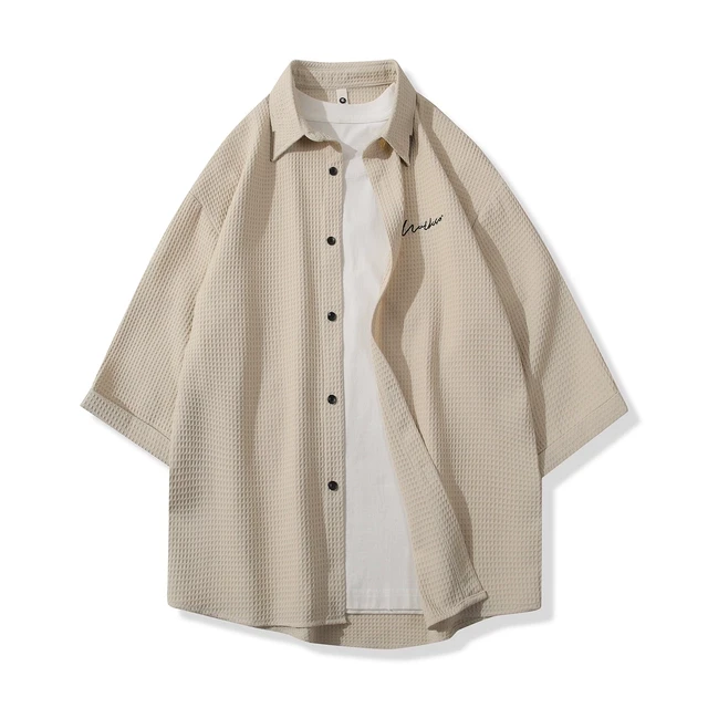 夏季七分袖衬衫男士短袖宽松百搭休闲纯色韩版潮流中袖衬衣服五分