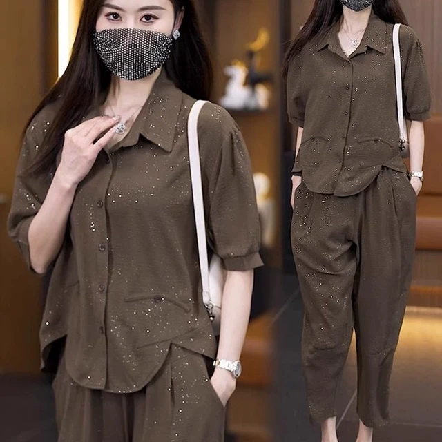 休闲时尚套装女装2025夏季新款宽松洋气细闪减龄衬衫哈伦裤两件套