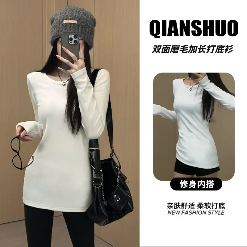 千朔正肩长袖打底T恤女初春显瘦圆领内搭修身收腰长款上衣加厚