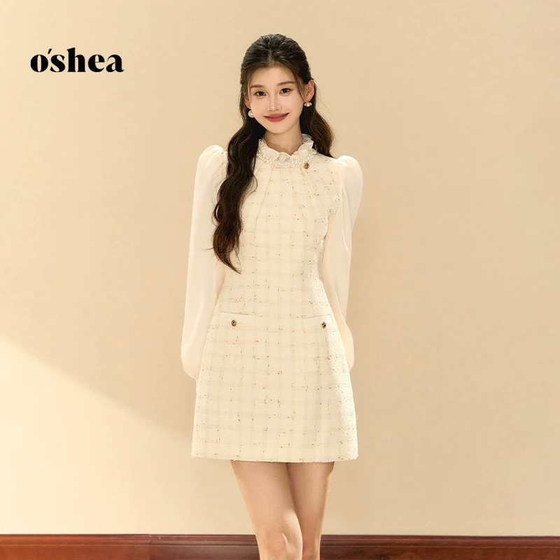 oshea【官方专享】法式小香千金风连衣裙女泡泡袖收腰珍珠a字裙子