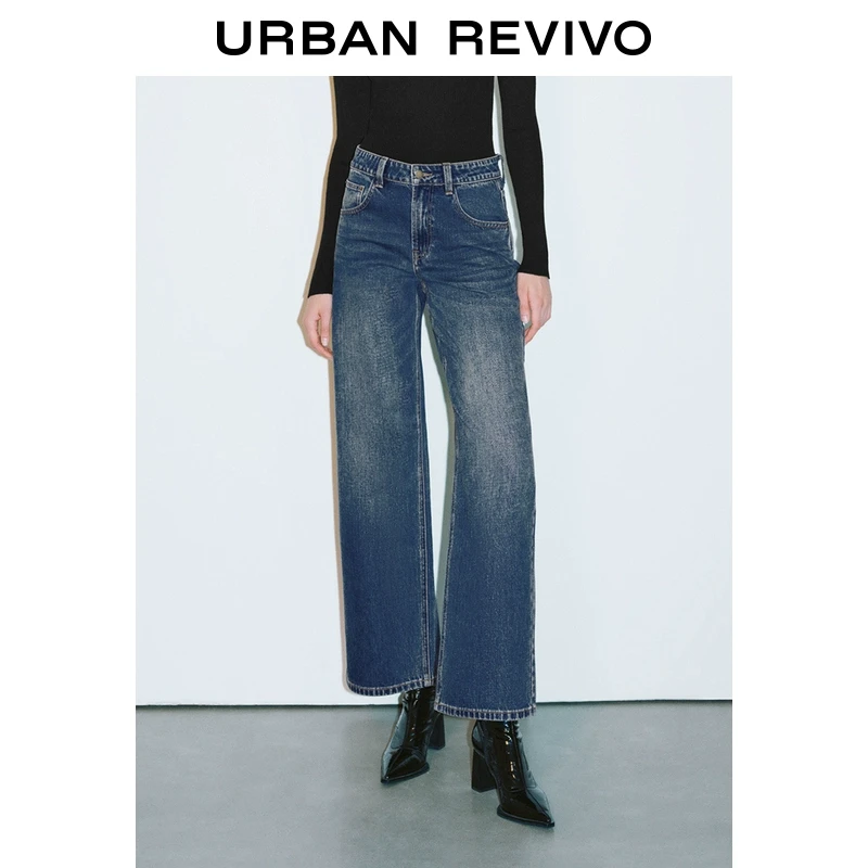 UR2025秋季新款女装复古水洗猫须磨白牛仔长裤UWG850040