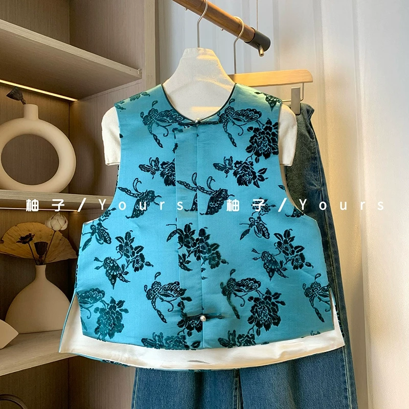 柚子yours【蝶恋花】2025早春100桑蚕丝漳绒缎新中式圆领马甲女