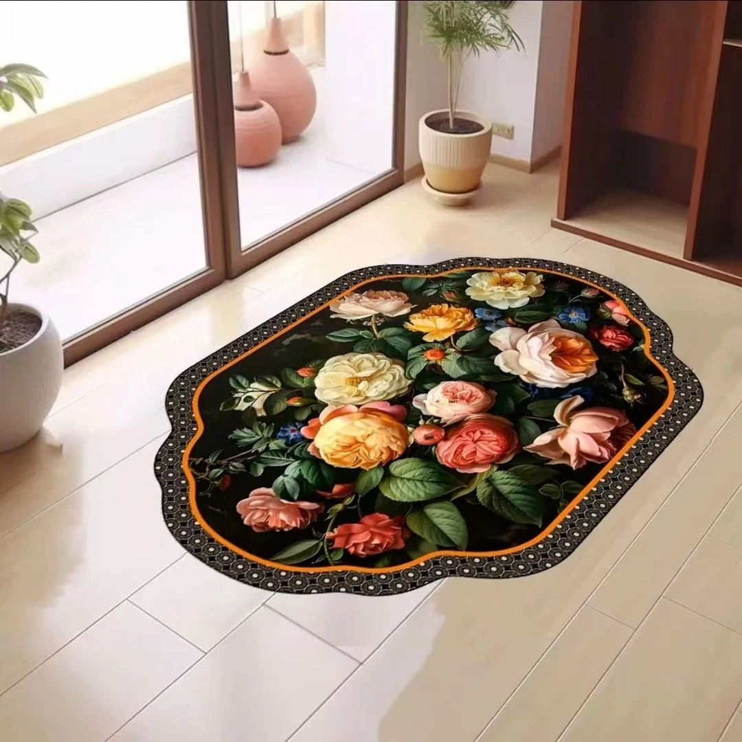 S新中式优雅牡丹地毯地垫家用入户玄关卧室卫生间水晶绒装饰摆件