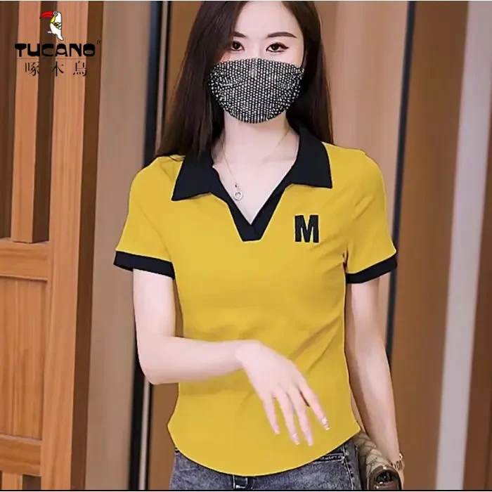翻领妈妈装啄木鸟25年上衣POLO领M洋气气质休闲T恤短袖短款显瘦女