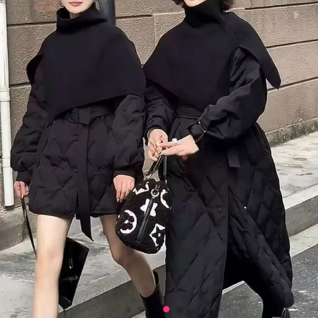 冬季韩系针织披肩绑带收腰菱格棉服（带披肩）