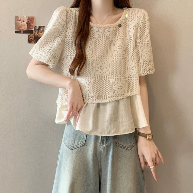 正肩蕾丝拼接假两件短袖衬女夏季打底衫微胖mm大码遮肚子百搭上衣