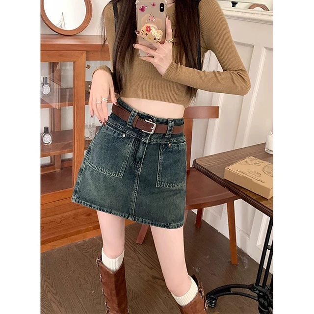 高腰复古工装牛仔半身裙女夏季新款大码胖MM显瘦A字包臀短裙子潮