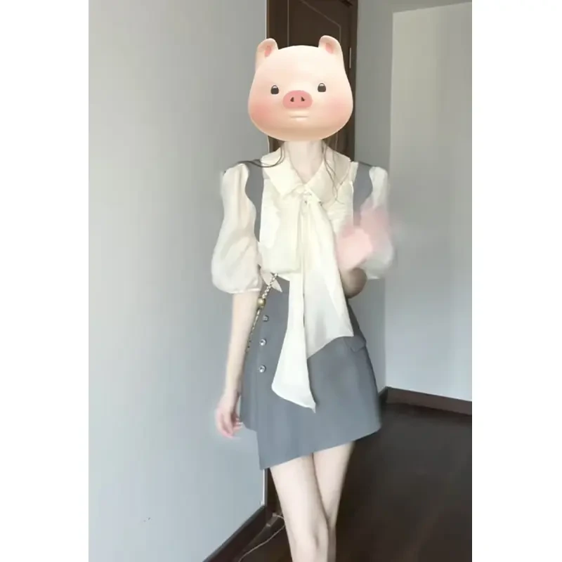 夏季新款气质穿搭一整套女高级感蝴蝶结衬衫高腰背带裤裙两件套装