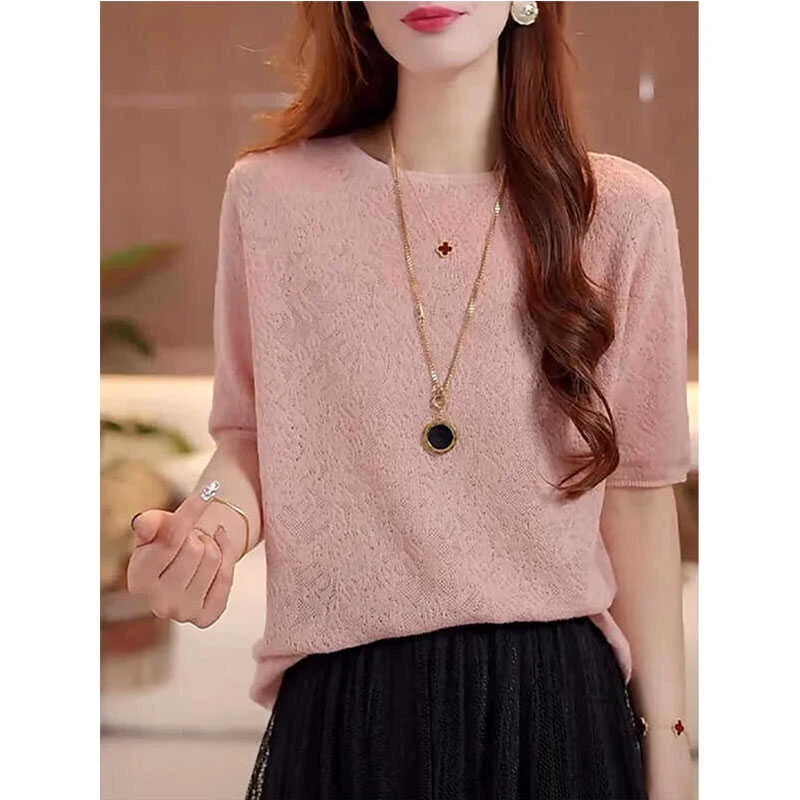 2024百搭新款亮丝提花洋气短袖镂空上衣T恤轻薄软糯显瘦简约