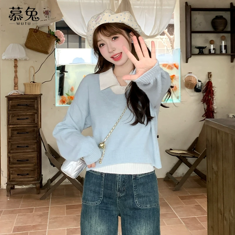 慕兔polo领针织衫两件套女秋2024新款韩系学院风毛衣背心短款上衣