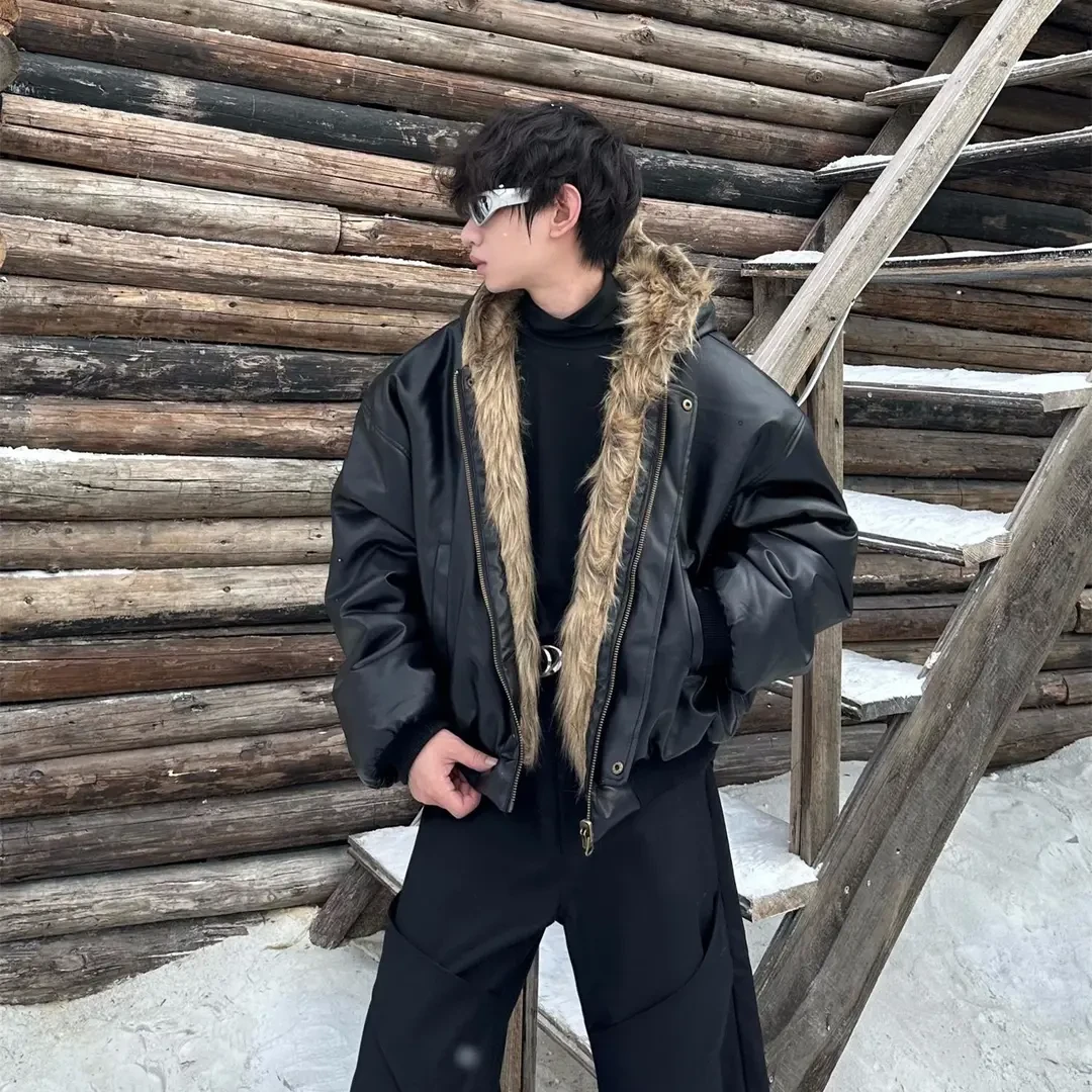 2025年潮流收口袖双面穿罗纹下摆男宽松棉服棉衣连帽加厚毛领男士