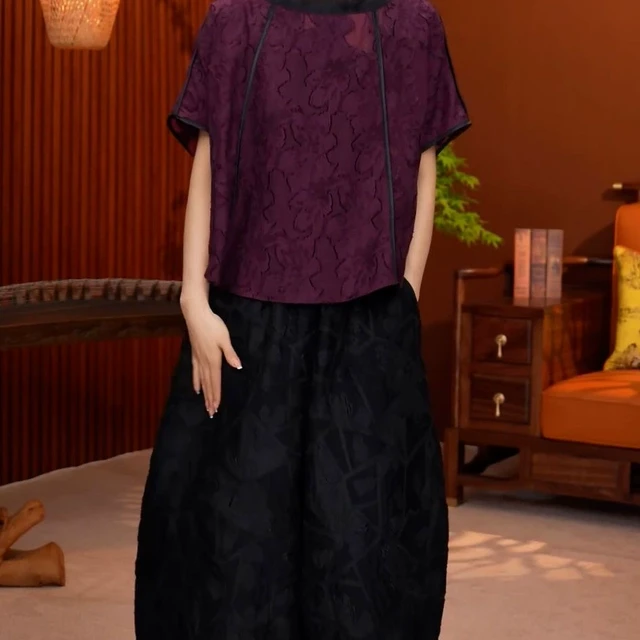 时尚民族风套装2025夏季新款优雅气质大码宽松上衣+阔腿裤两件套