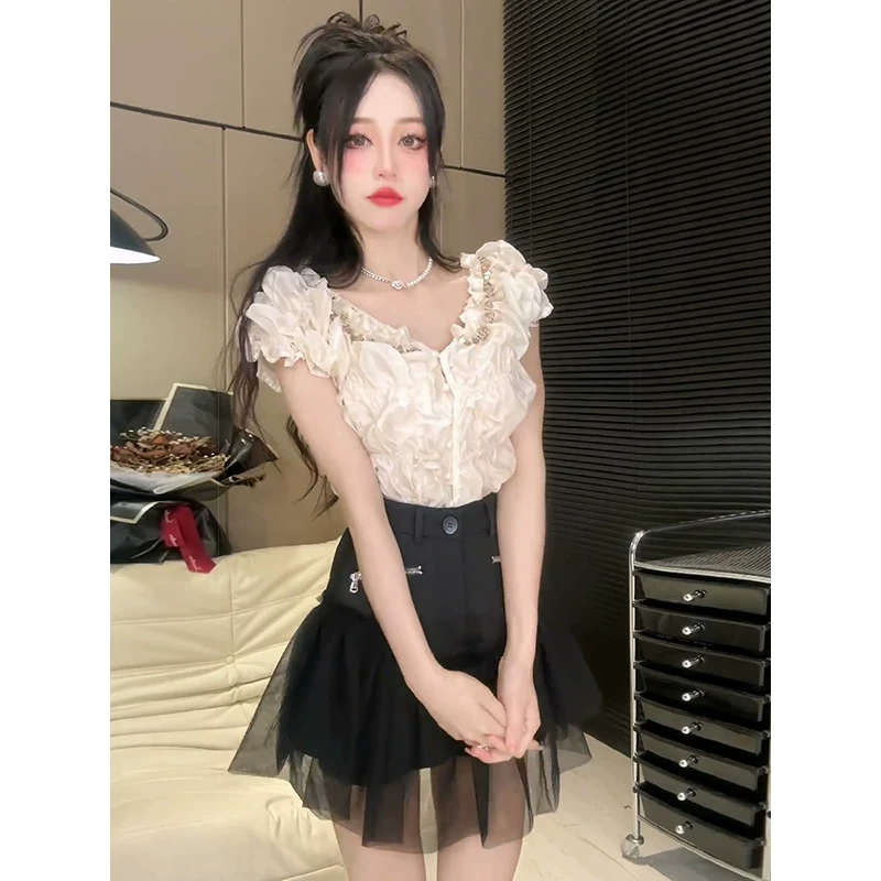 法式高级感褶皱衬衫女夏季2024新款小个子套装裙高腰半身裙两件套