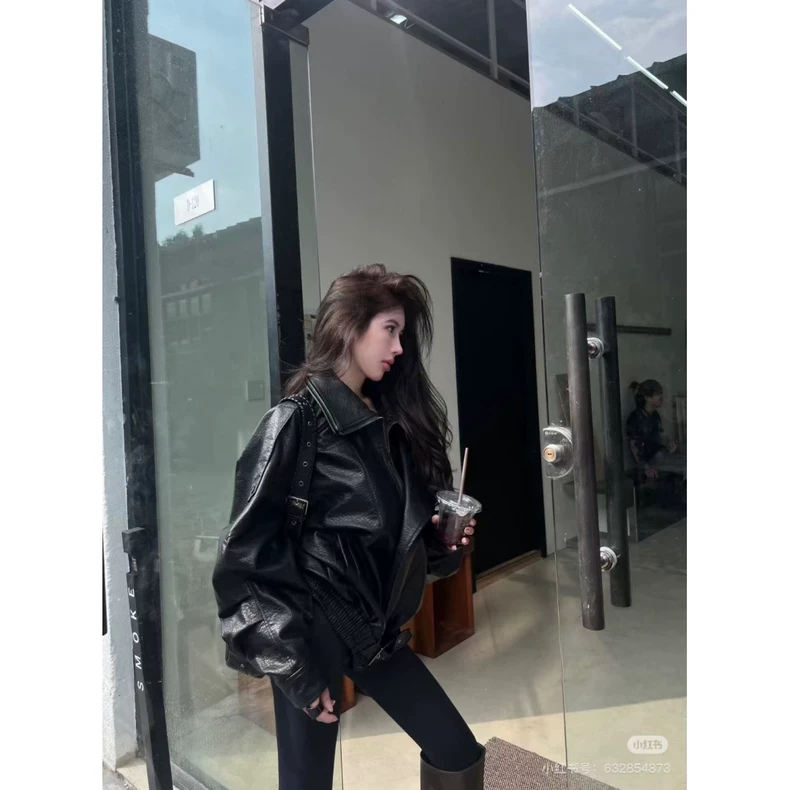 韩国东大门2025秋冬荔枝PU皮衣外套女机车服廓形双层领夹克上衣潮