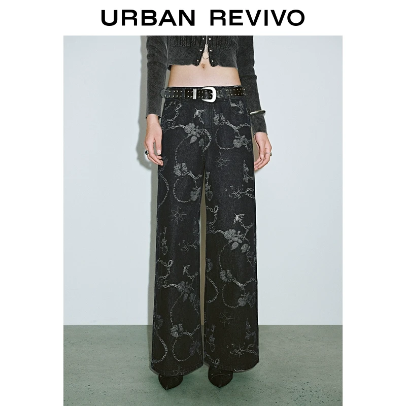 【轻夏运动】UR2025新品女装欧若风潮满版印花牛仔长裤UYV850006