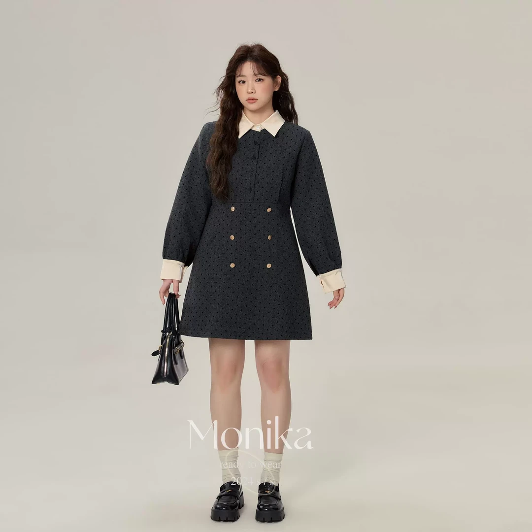 大码女装胖mm气质假两件拼接修身款显瘦加绒波点连衣裙75730