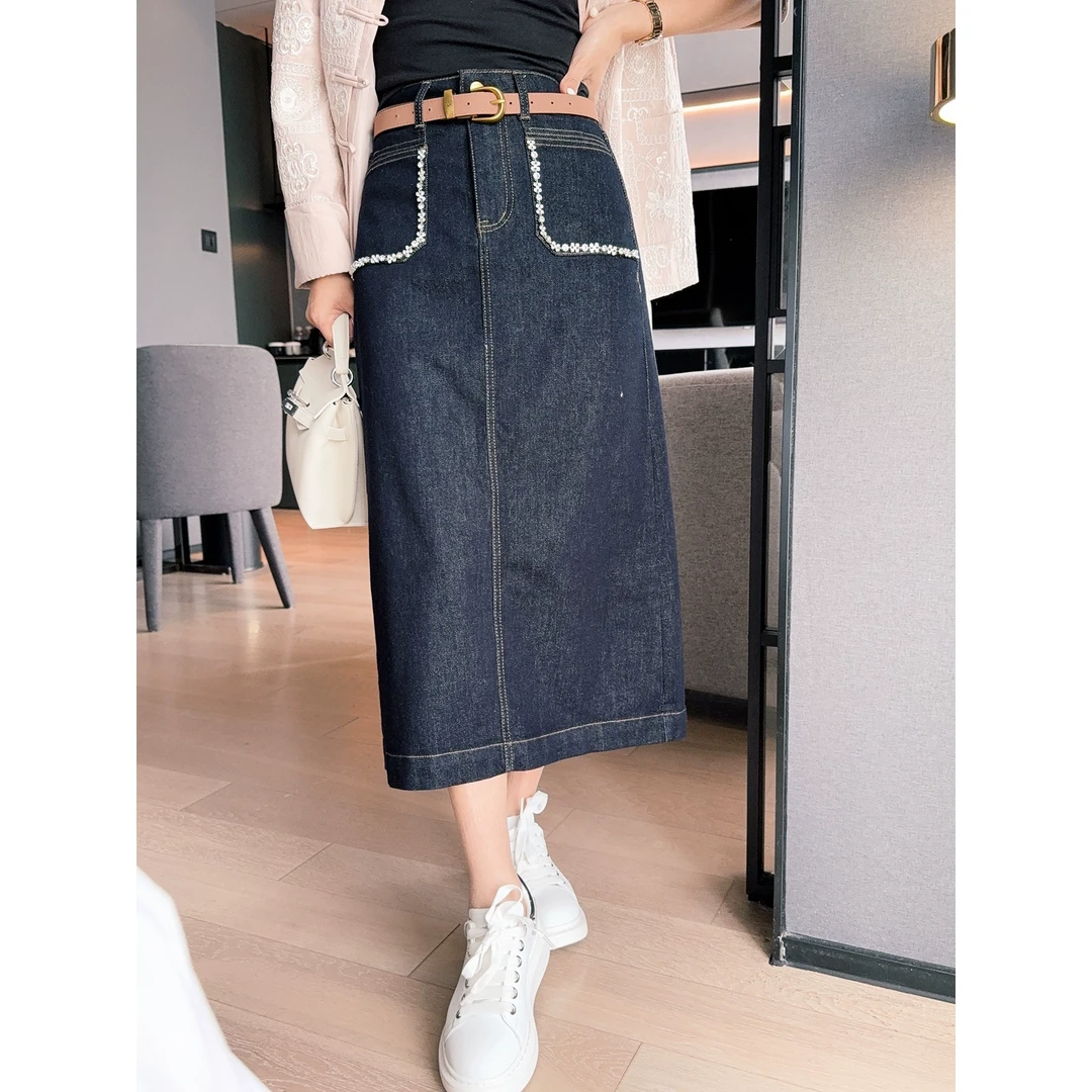 2025早春新款重工钉珠后开叉包臀显瘦牛仔中长裙半身裙W33210