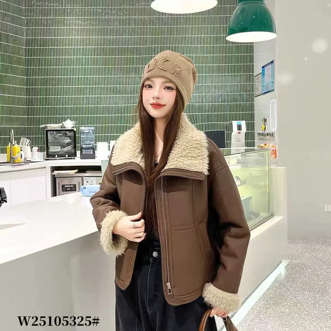 冬季拼接翻领短外套加绒加厚款外套常规女