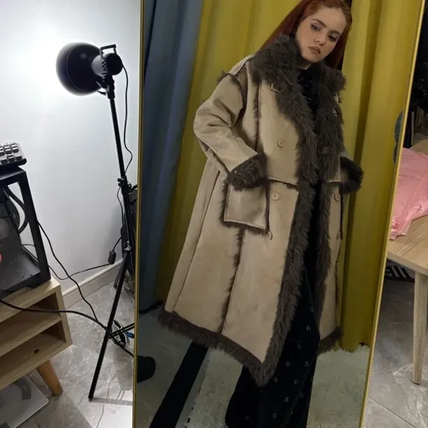 宽松型流苏法式压花皮长款皮衣休闲女款加厚女装冬季