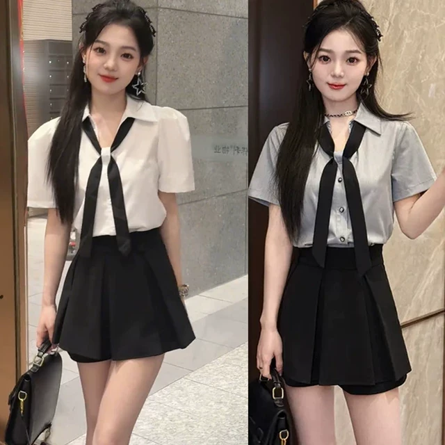 学院风甜美穿搭一整套女百搭休闲V领配领带短袖衬衫半身裙两件套