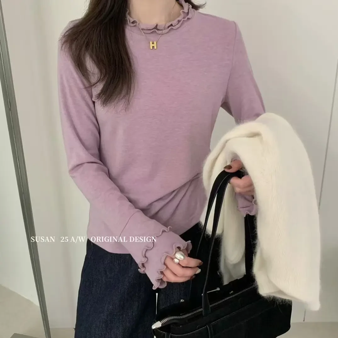 大码女装设计款秋冬气质甜美双木耳边长袖立领T恤加厚徳绒打底衫