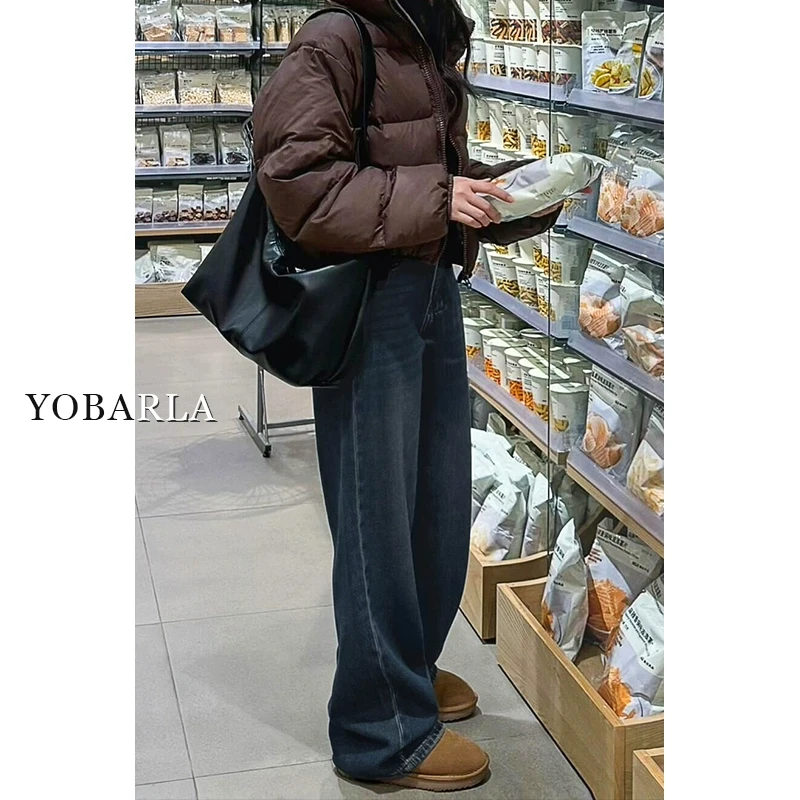 蓝灰色直筒牛仔裤女冬季加绒胖mm大码宽松显瘦梨形身材窄版阔腿裤