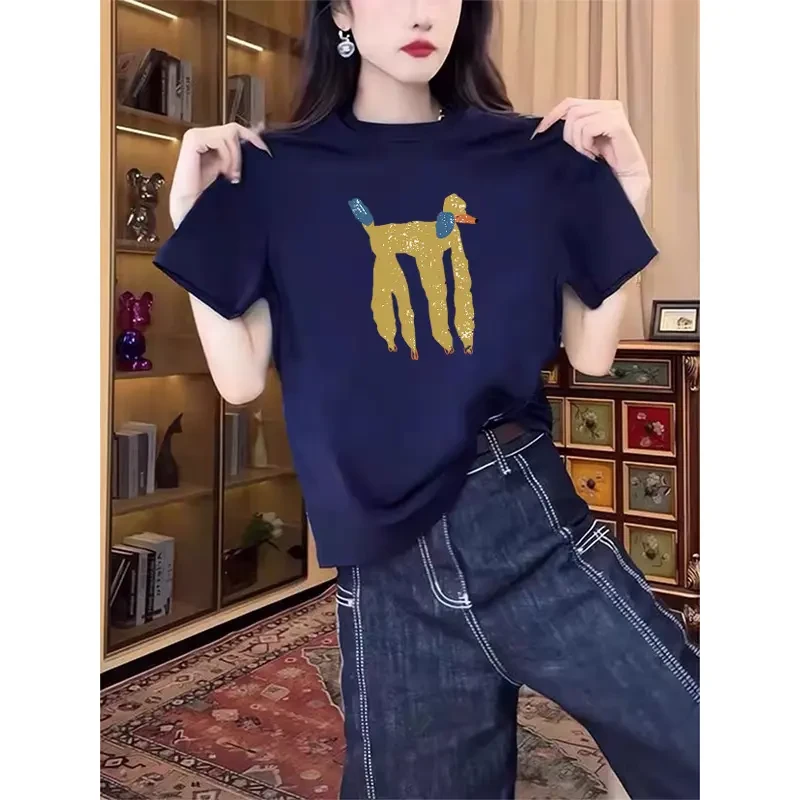 小众设计感正肩圆领短袖t恤女2025新款时尚百搭藏青色上衣夏季潮